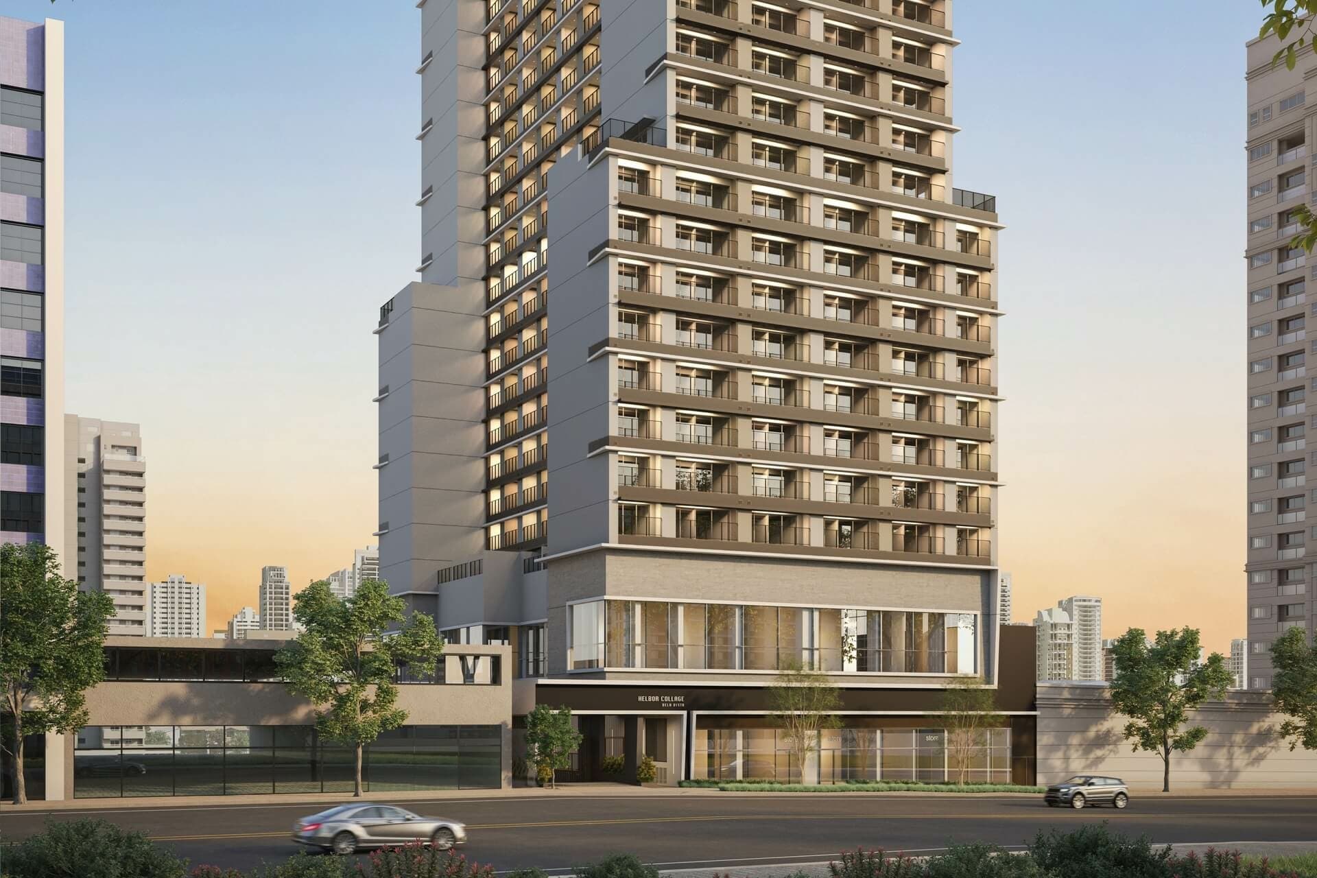 Fachada lateral de edifício residencial alto com múltiplos andares e varandas alinhadas.