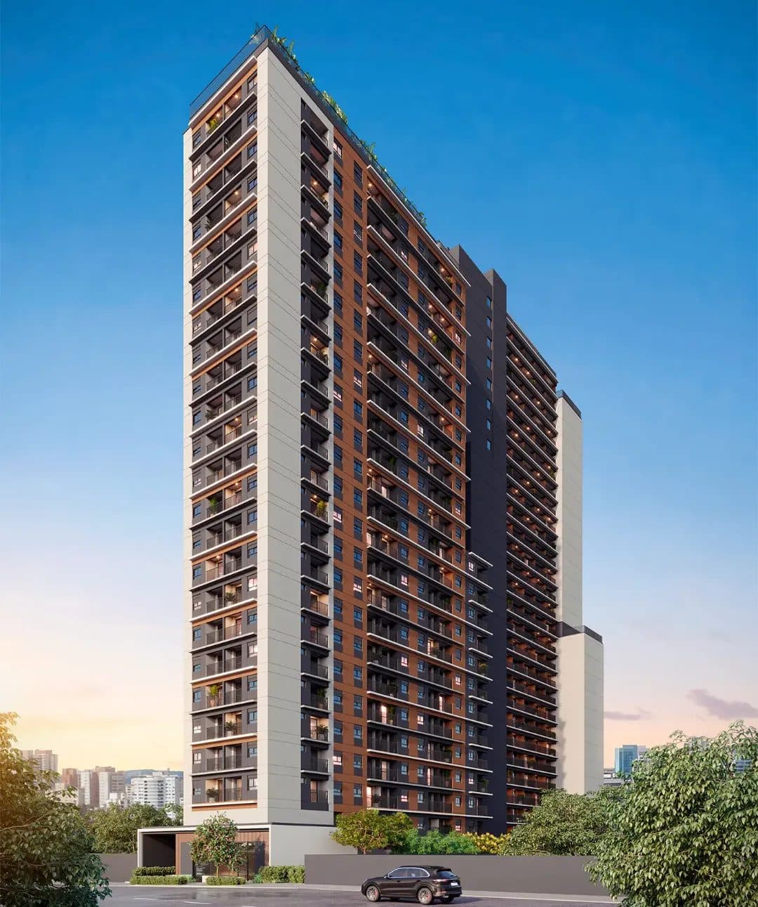 Fachada externa frontal do edifício residencial alto com varandas e detalhes em tons de marrom e branco