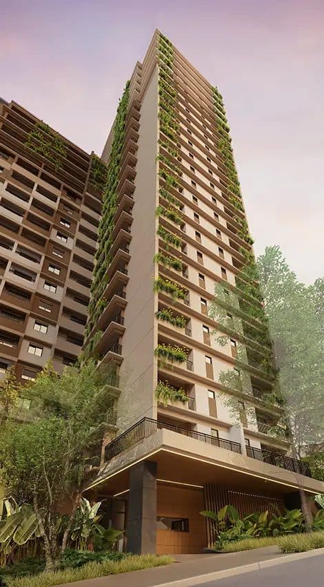 Detalhe da fachada do edifício com varandas escalonadas e paisagismo.