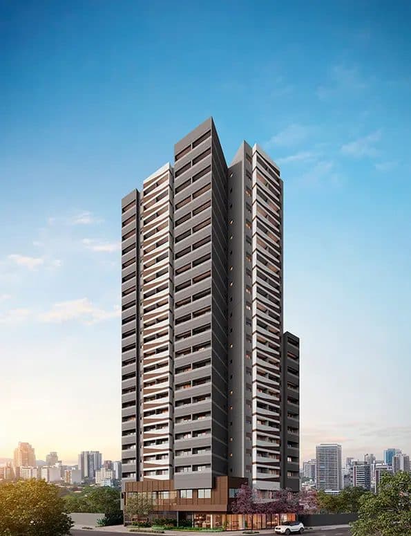 Fachada principal do edifício residencial com projeto arquitetônico moderno e varandas