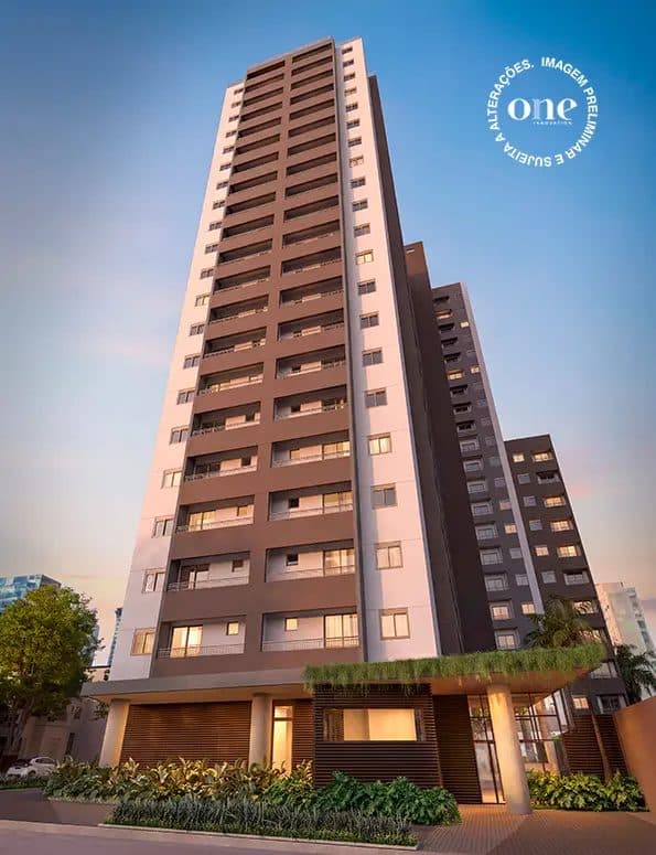 Fachada do edifício alto com projeto moderno, tons terrosos e vegetação no térreo