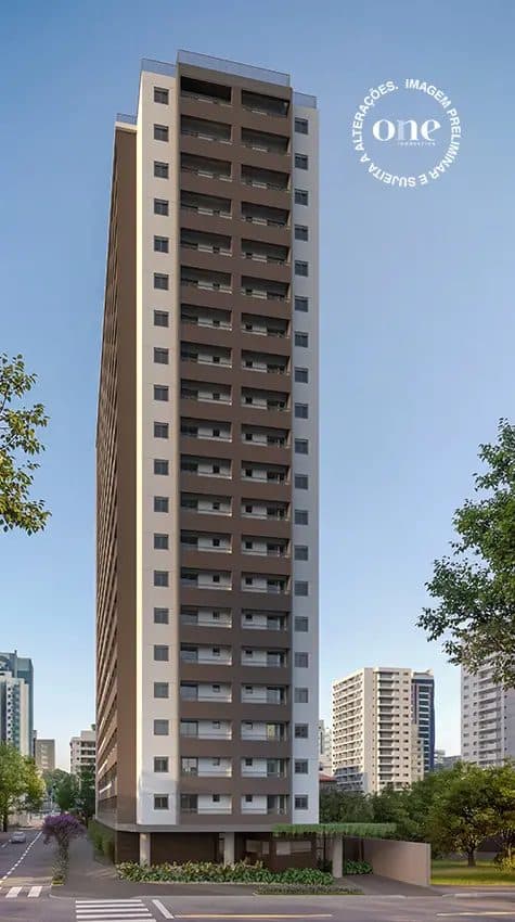 Vista vertical da fachada do edifício residencial com sacadas e paisagem urbana